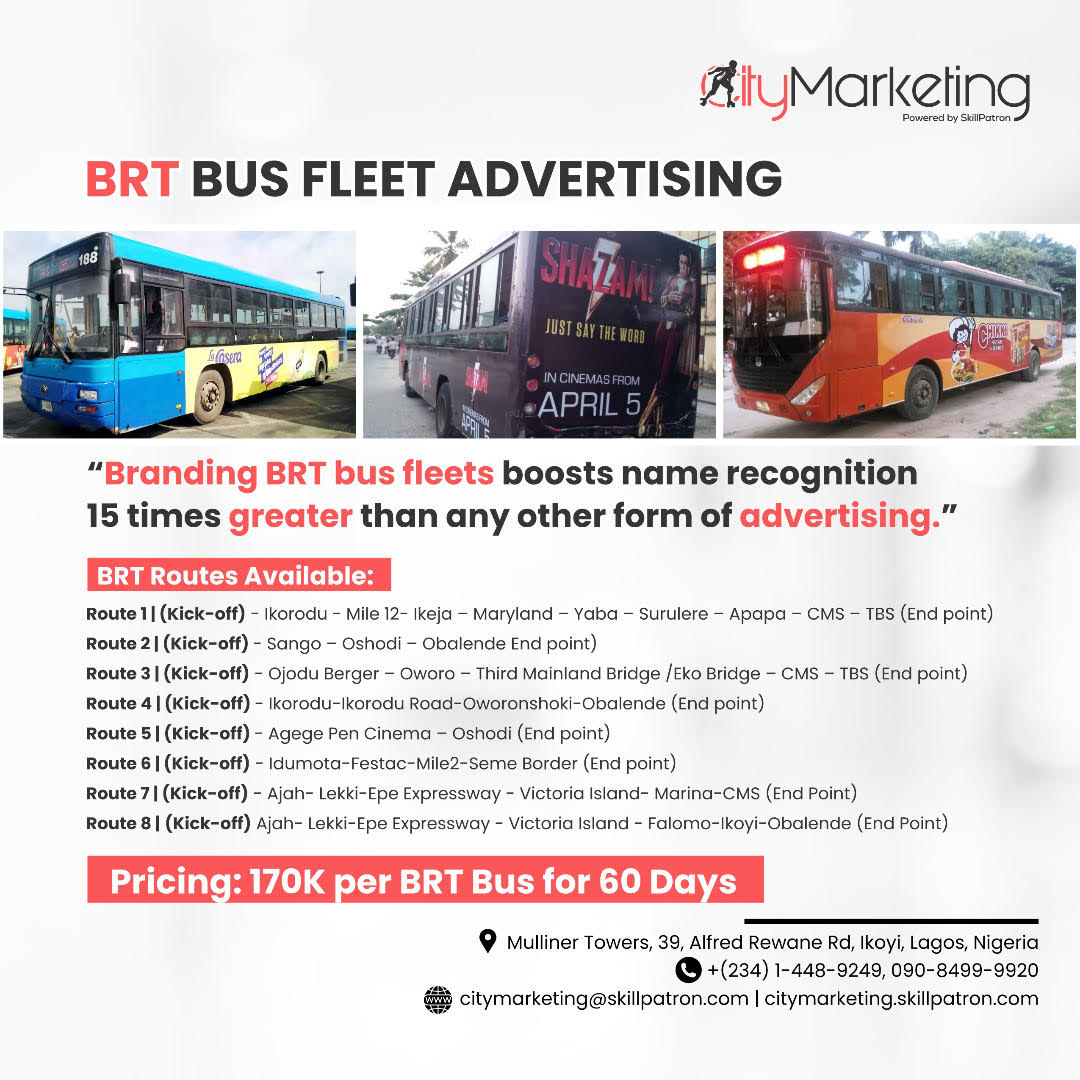 Advertising Company In Nigeria, Brt Bus Branding, Brt Bus For Hire, Brt Bus Lagos, Brt Bus Tv Advert Rates, Brt Tv Advert, Cost Of Advertising On Brt Buses, Cost Of Billboard Advertising In Lagos, Cost Of Tv Advertising In Nigeria, Digital Billboard Advertising Rates, Lag Bus, Lagos Brt Map, Lagos State Brt Bus Recruitment, List Of Brt Bus Stops In Lagos, Online Advertising, Out Of Home Advertising Nigeria,, Placing Ads On Brt Buses, Television Advertising In Nigeria, Transit Advertising In Nigeria,